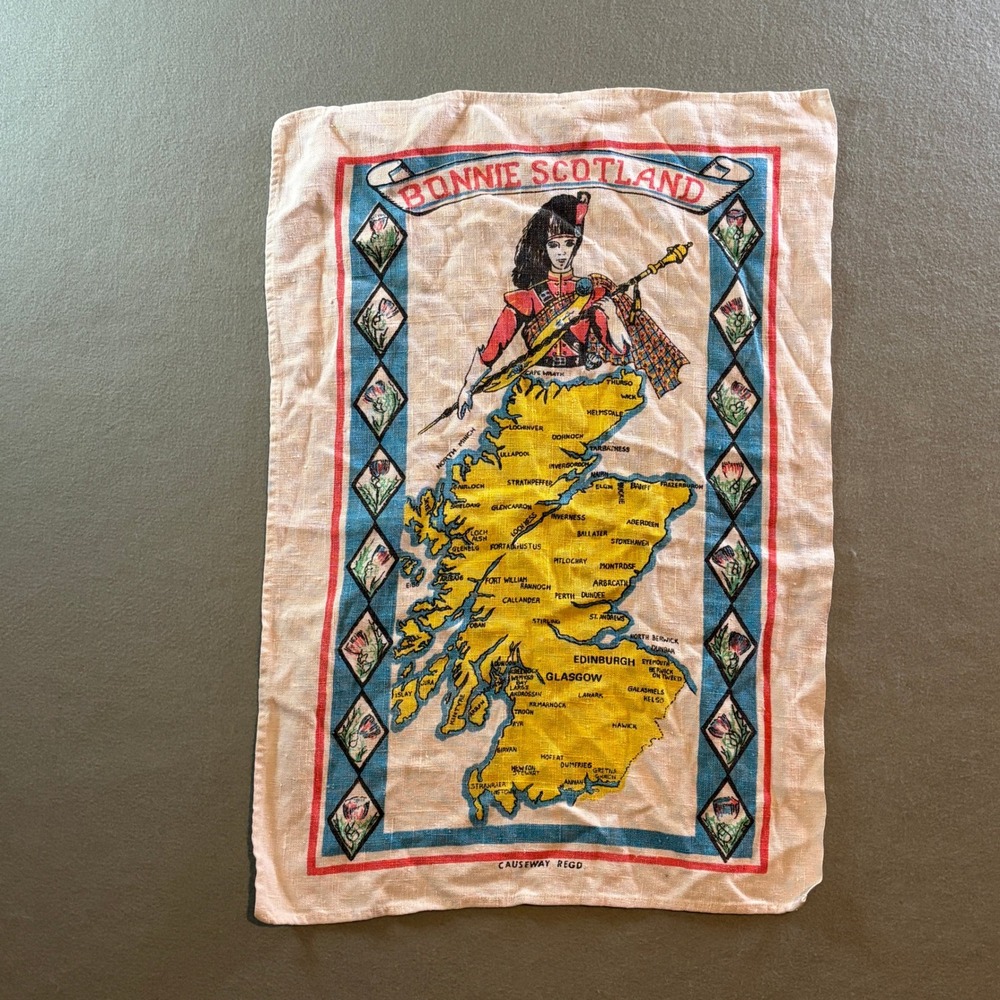 VTG Bonnie Scotland Linen Tea Towel Map Souvenir Causeway Regd Multi Color